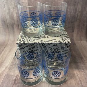 Vintage Rotary International Blue Gear Logo Old-Fashioned Tumblers Set of 4